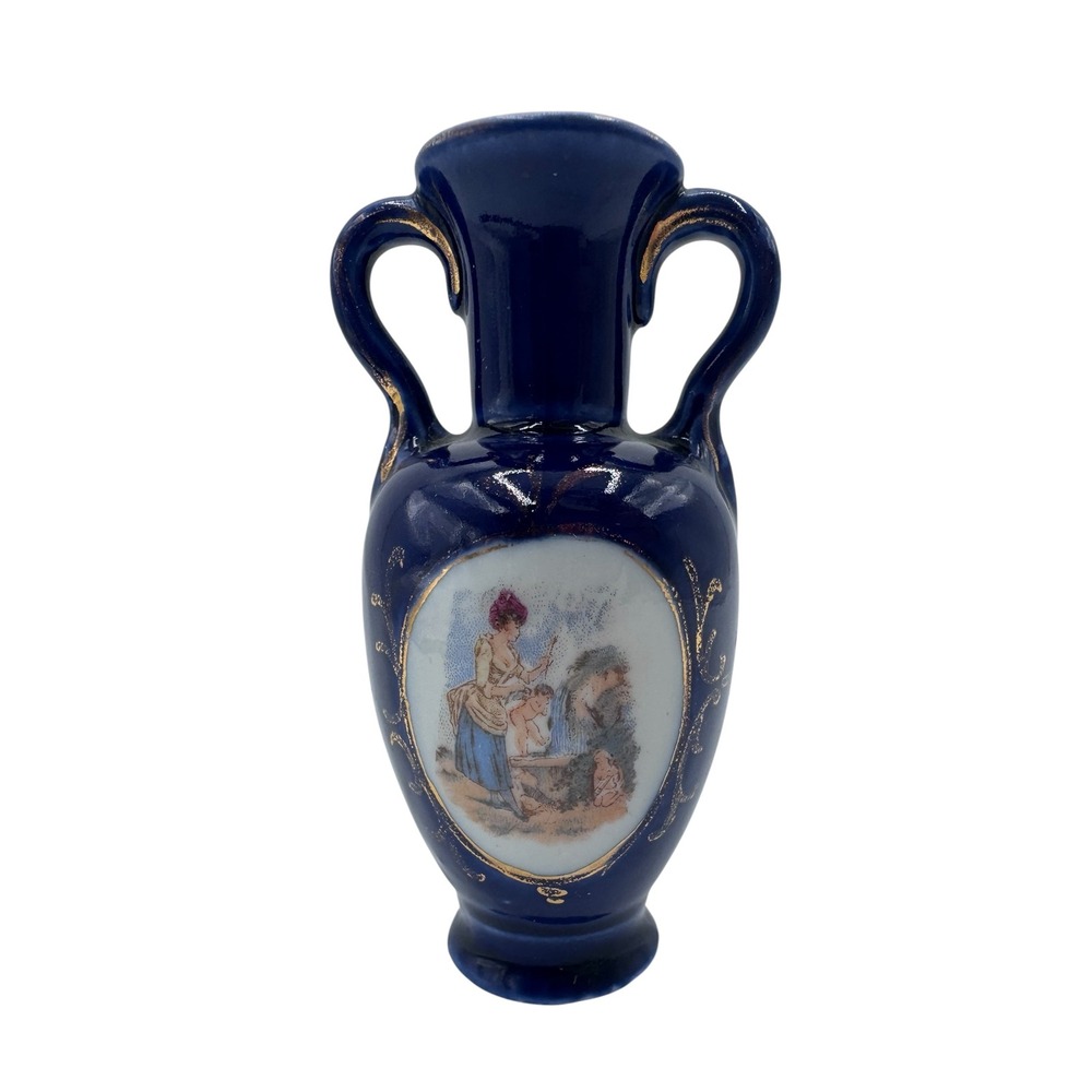 Vintage Cobalt Blue Miniature Bud Vase Classical Scene Gold Gilt Trim 4in